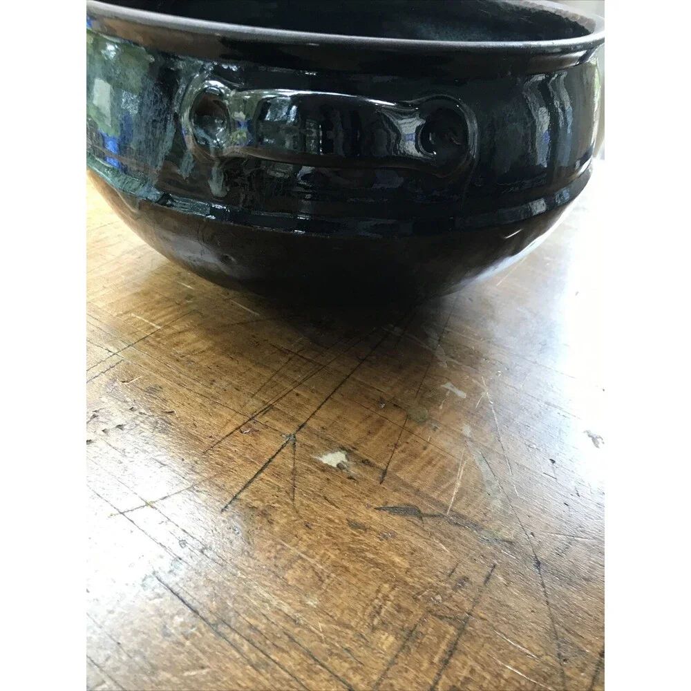 Large Pottery Stoneware Blue Glaze Unsigned With Lid & Handles Cottagecore
